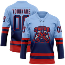 Laden Sie das Bild in den Galerie-Viewer, Custom Light Blue Navy-Red Fade Fashion Hockey Lace Neck Jersey
