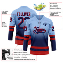 Laden Sie das Bild in den Galerie-Viewer, Custom Light Blue Navy-Red Fade Fashion Hockey Lace Neck Jersey
