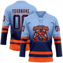 Laden Sie das Bild in den Galerie-Viewer, Custom Light Blue Navy-Orange Fade Fashion Hockey Lace Neck Jersey
