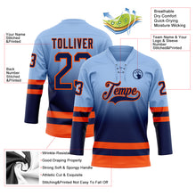 Laden Sie das Bild in den Galerie-Viewer, Custom Light Blue Navy-Orange Fade Fashion Hockey Lace Neck Jersey
