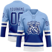 Laden Sie das Bild in den Galerie-Viewer, Custom Light Blue Royal-White Fade Fashion Hockey Lace Neck Jersey
