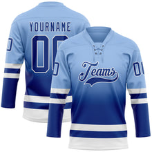 Laden Sie das Bild in den Galerie-Viewer, Custom Light Blue Royal-White Fade Fashion Hockey Lace Neck Jersey
