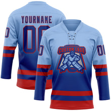 Laden Sie das Bild in den Galerie-Viewer, Custom Light Blue Royal-Red Fade Fashion Hockey Lace Neck Jersey
