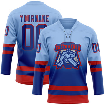 Custom Light Blue Royal-Red Fade Fashion Hockey Lace Neck Jersey