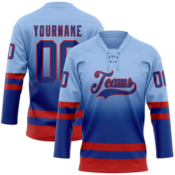 Custom Light Blue Royal-Red Fade Fashion Hockey Lace Neck Jersey