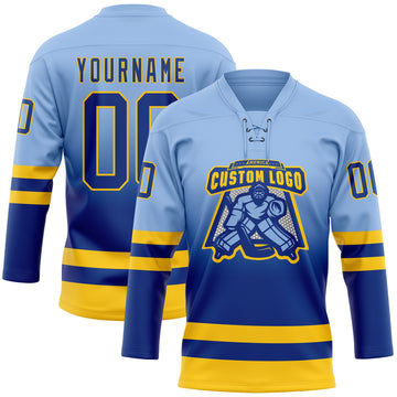Custom Light Blue Royal-Yellow Fade Fashion Hockey Lace Neck Jersey