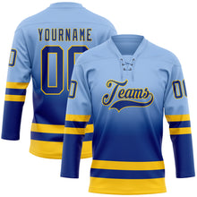 Laden Sie das Bild in den Galerie-Viewer, Custom Light Blue Royal-Yellow Fade Fashion Hockey Lace Neck Jersey
