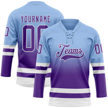 Laden Sie das Bild in den Galerie-Viewer, Custom Light Blue Purple-White Fade Fashion Hockey Lace Neck Jersey
