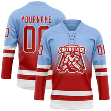 Laden Sie das Bild in den Galerie-Viewer, Custom Light Blue Red-White Fade Fashion Hockey Lace Neck Jersey
