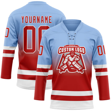 Custom Light Blue Red-White Fade Fashion Hockey Lace Neck Jersey