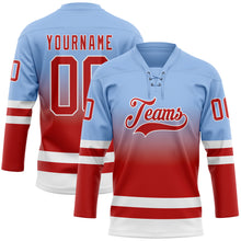 Laden Sie das Bild in den Galerie-Viewer, Custom Light Blue Red-White Fade Fashion Hockey Lace Neck Jersey

