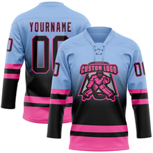 Laden Sie das Bild in den Galerie-Viewer, Custom Light Blue Black-Pink Fade Fashion Hockey Lace Neck Jersey
