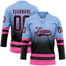 Laden Sie das Bild in den Galerie-Viewer, Custom Light Blue Black-Pink Fade Fashion Hockey Lace Neck Jersey
