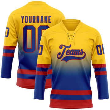 Custom Yellow Royal-Red Fade Fashion Hockey Lace Neck Jersey