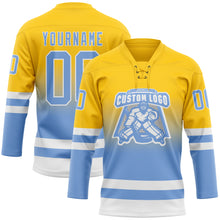 Загрузить изображение в средство просмотра галереи, Custom Yellow Light Blue-White Fade Fashion Hockey Lace Neck Jersey
