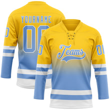 Загрузить изображение в средство просмотра галереи, Custom Yellow Light Blue-White Fade Fashion Hockey Lace Neck Jersey
