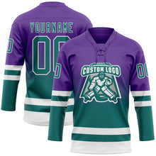 Charger l'image dans la galerie, Custom Purple Teal-White Fade Fashion Hockey Lace Neck Jersey
