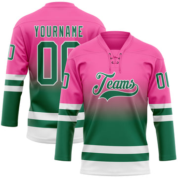 Custom Pink Kelly Green-White Fade Fashion Hockey Lace Neck Jersey