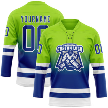 Custom Neon Green Royal-White Fade Fashion Hockey Lace Neck Jersey