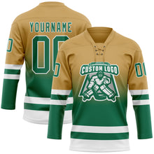 Charger l'image dans la galerie, Custom Old Gold Kelly Green-White Fade Fashion Hockey Lace Neck Jersey
