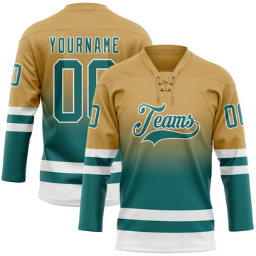 Custom Old Gold Teal-White Fade Fashion Hockey Lace Neck Jersey
