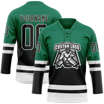 Custom Kelly Green Black-White Fade Fashion Hockey Lace Neck Jersey