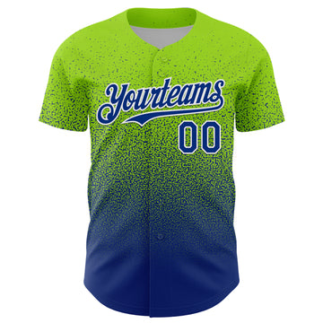 Custom Neon Green Royal-White Fade Fashion Speckle Authentic Baseball Jersey