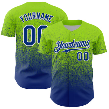 Custom Neon Green Royal-White Fade Fashion Speckle Authentic Baseball Jersey