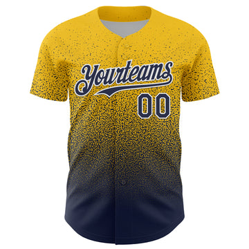 Custom Yellow Navy-White Fade Fashion Speckle Authentic Baseball Jersey