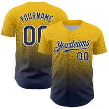 Load image into Gallery viewer, Custom Yellow Navy-White Fade Fashion Speckle Authentic Baseball Jersey

