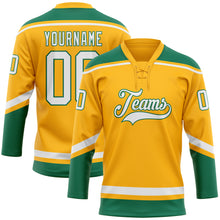 Загрузить изображение в средство просмотра галереи, Custom Gold White-Kelly Green Hockey Lace Neck Jersey
