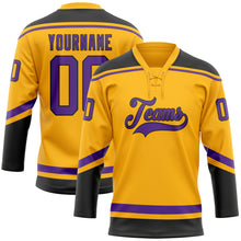 Laden Sie das Bild in den Galerie-Viewer, Custom Gold Purple-Black Hockey Lace Neck Jersey
