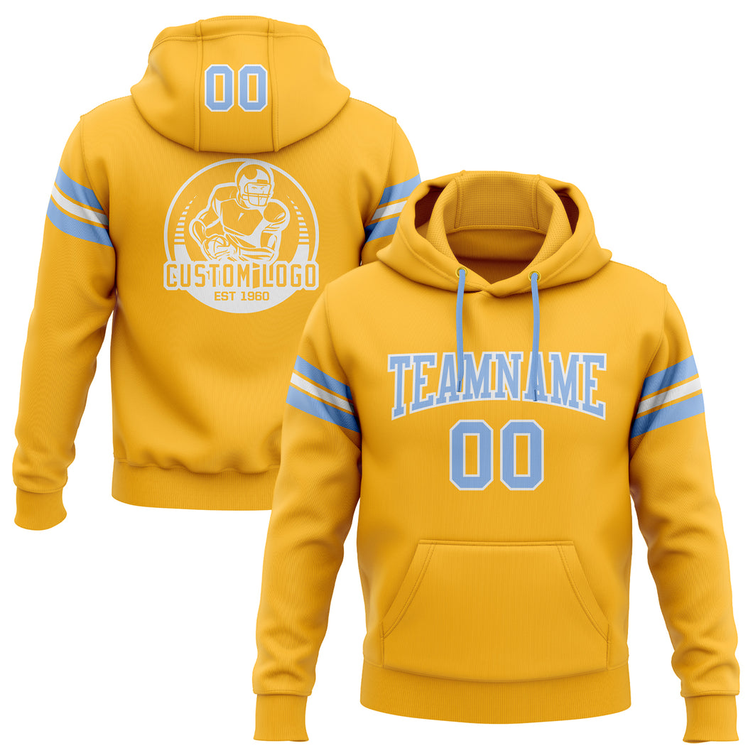 Custom Stitched Gold Light Blue-White Football Pullover Sweatshirt Hoodie