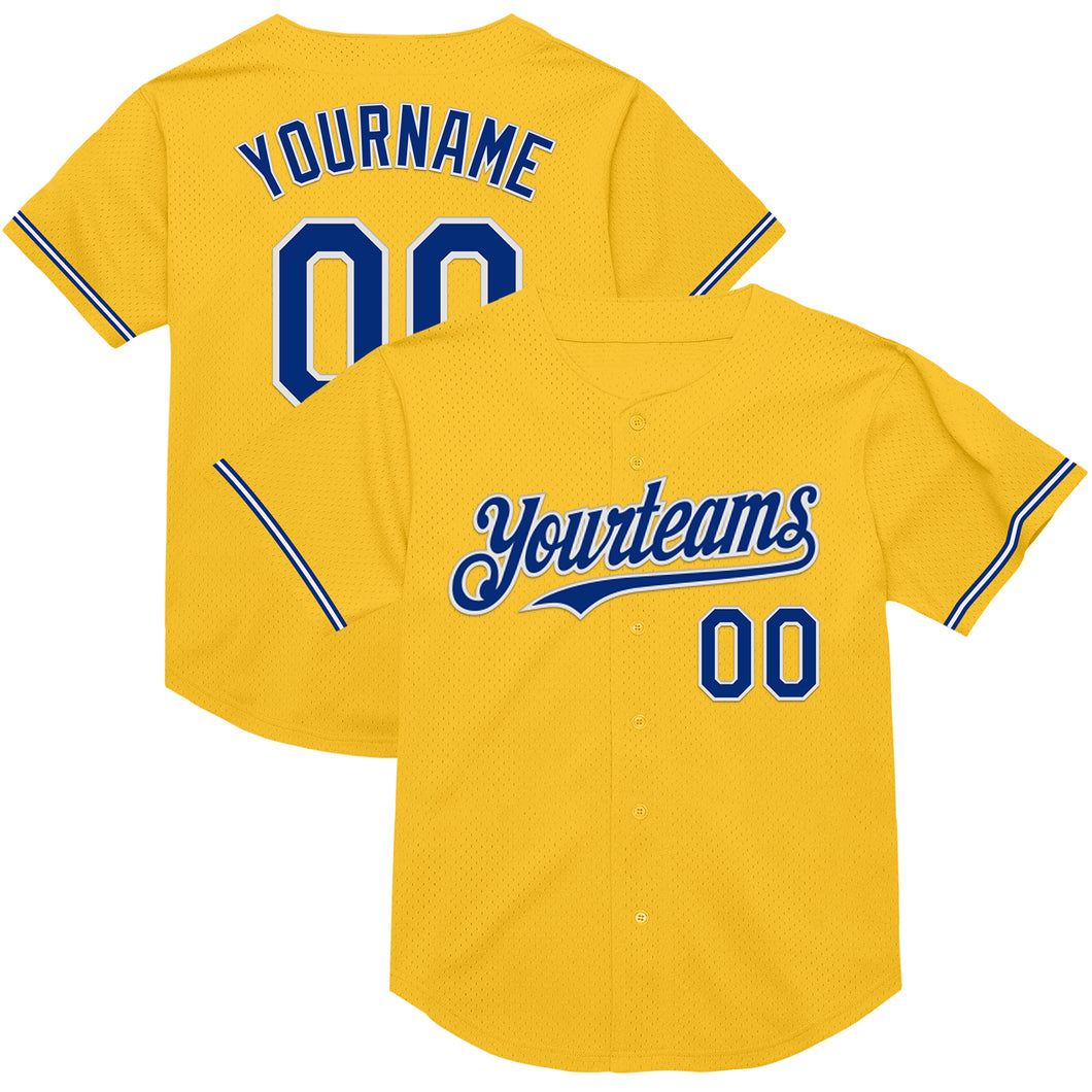 Custom Gold Royal-White Mesh Authentic Throwback Baseball Jersey