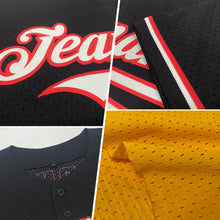 Load image into Gallery viewer, Custom Gold Black-White Mesh Authentic Throwback Baseball Jersey
