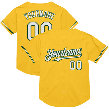 Custom Gold White-Green Mesh Authentic Throwback Baseball Jersey