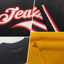 Load image into Gallery viewer, Custom Gold Black Mesh Authentic Throwback Baseball Jersey
