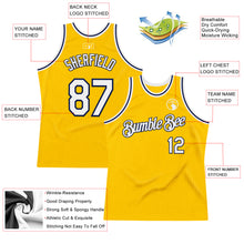 Load image into Gallery viewer, Custom Gold White-Navy Authentic Throwback Basketball Jersey
