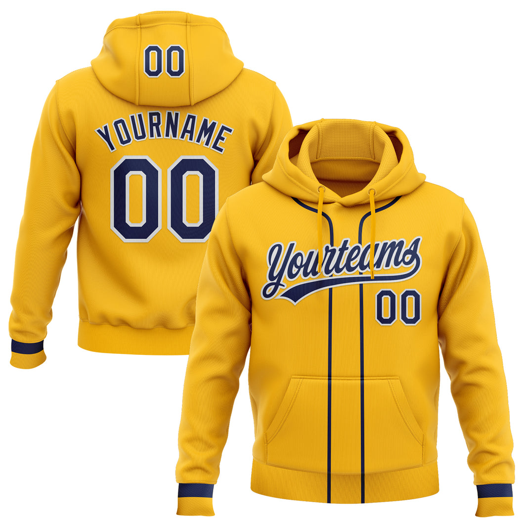 Custom Stitched Gold Navy-White Baseball Pullover Sweatshirt Hoodie