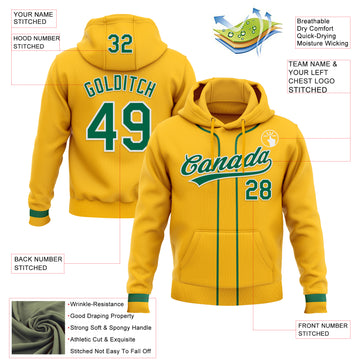 Custom Stitched Gold Kelly Green-White Baseball Pullover Sweatshirt Hoodie