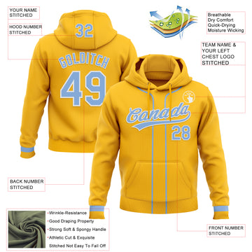 Custom Stitched Gold Light Blue-White Baseball Pullover Sweatshirt Hoodie