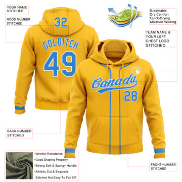 Custom Stitched Gold Powder Blue-White Baseball Pullover Sweatshirt Hoodie