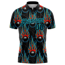 Laden Sie das Bild in den Galerie-Viewer, Custom Black Lakes Blue 3D Pattern Design Bowling Ball With Hotrod Flame Performance Polo Shirt
