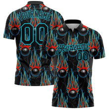 Laden Sie das Bild in den Galerie-Viewer, Custom Black Lakes Blue 3D Pattern Design Bowling Ball With Hotrod Flame Performance Polo Shirt
