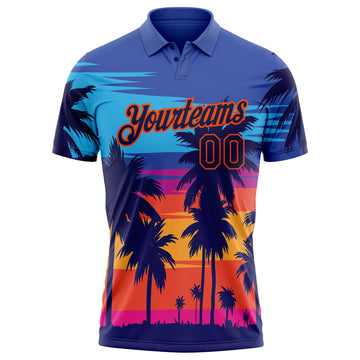 Custom Electric Blue Navy-Orange 3D Pattern Design Hawaii Palm Trees Performance Golf Polo Shirt