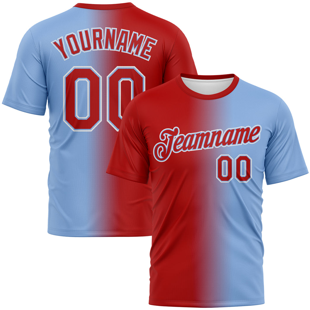 Custom Light Blue Red-White Gradient Fashion Performance T-Shirt
