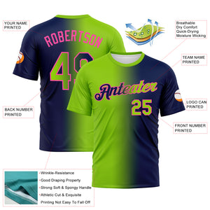 Custom Navy Neon Green-Pink Gradient Fashion Performance T-Shirt