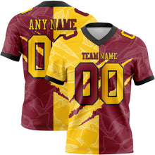 Laden Sie das Bild in den Galerie-Viewer, Custom Crimson Yellow-Black Mesh Authentic Gradient Fashion Scratch Football Jersey
