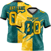 Laden Sie das Bild in den Galerie-Viewer, Custom Teal Yellow-Black Mesh Authentic Gradient Fashion Scratch Football Jersey
