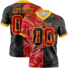 Laden Sie das Bild in den Galerie-Viewer, Custom Black Red-Gold Mesh Authentic Gradient Fashion Scratch Football Jersey

